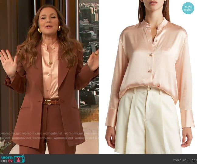 Vince Relaxed Band Collar Button-Up Shirt worn by Drew Barrymore on The Drew Barrymore Show