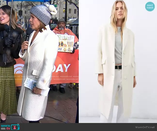 Zara Straight Felt Texture Coat in Ecru worn by Hoda Kotb on Today