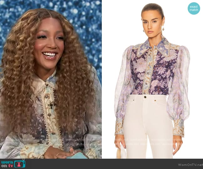 Zimmermann Celestial Spliced Blouse worn by Mickey Guyton on Access Hollywood