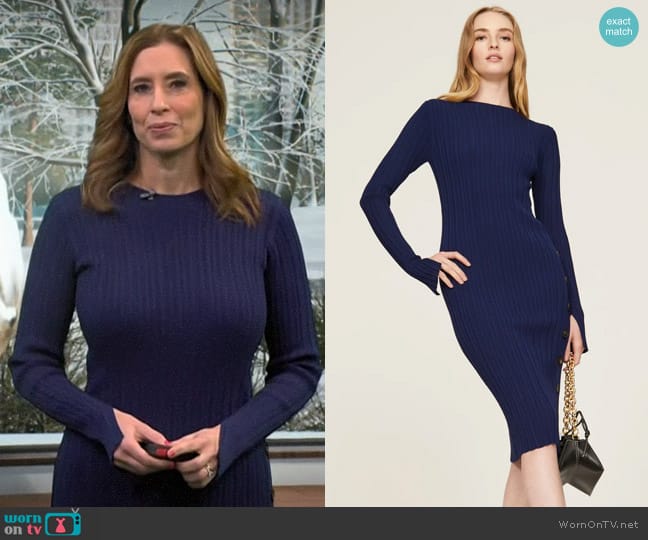 Adam Lippes Collective Navy Sweater Dress worn by Stephanie Abrams on CBS Mornings