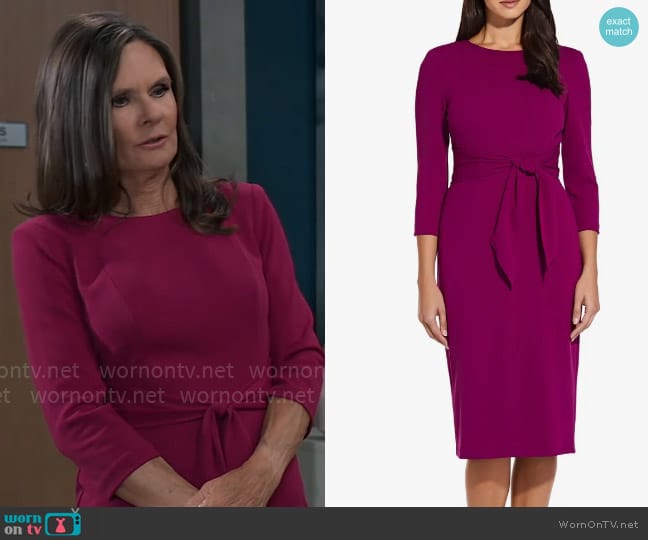 Adrianna Papell Tie Waist Crepe Sheath Dress in Wildberry worn by Lucy Coe (Lynn Herring) on General Hospital