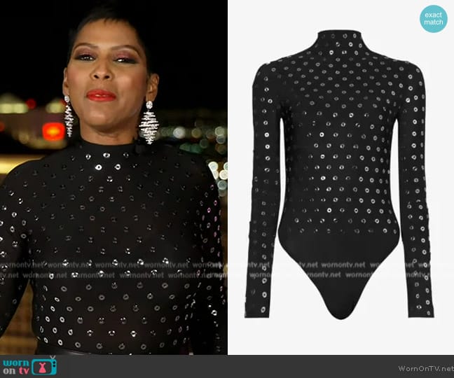 Alaia High-neck eyelet-embellished stretch-woven bodysuit worn by Tamron Hall on Tamron Hall Show