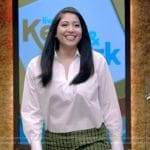 Alaqua Cox’s white v-neck blouse and green check pants on Live with Kelly and Mark