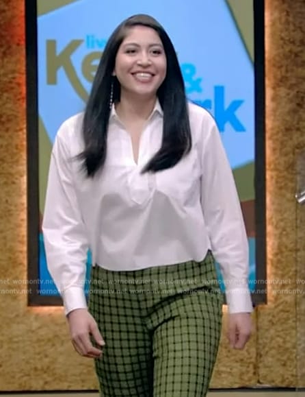 Alaqua Cox’s white v-neck blouse and green check pants on Live with Kelly and Mark