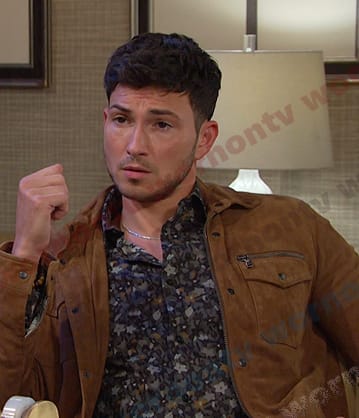 Alex’s black floral shirt and camel suede jacket on Days of our Lives