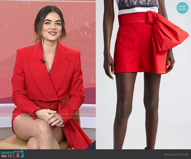 Alexander McQueen Bow Detail Wool Grain de Poudre Shorts worn by Lucy Hale on Today