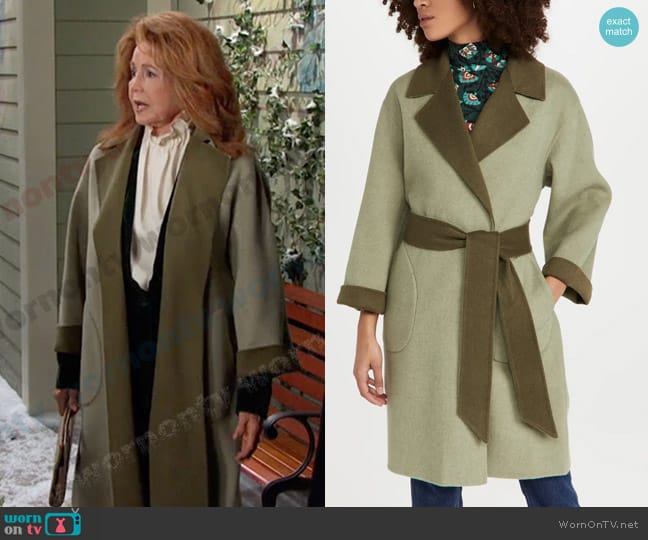 Alice + Olivia Tomiko Reversible High Lo Belt Coat in Sage/Olive worn by Maggie Horton (Suzanne Rogers) on Days of our Lives