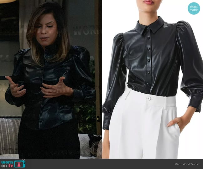 Alice + Olivia Nadine Faux Leather Shirt worn by Alison 'Blaze' Rogers (Jacqueline Grace Lopez) on General Hospital