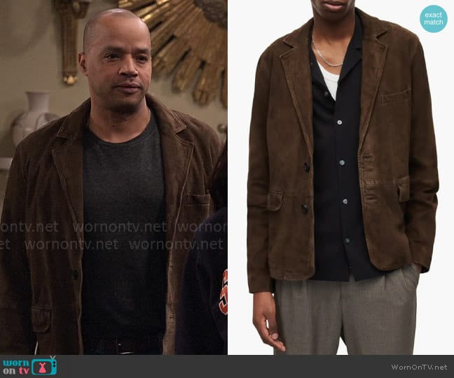 All Saints Hoku Suede Blazer worn by Trey Taylor (Donald Faison) on Extended Family