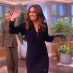 Alyssa’s navy button front wrap midi dress on The View