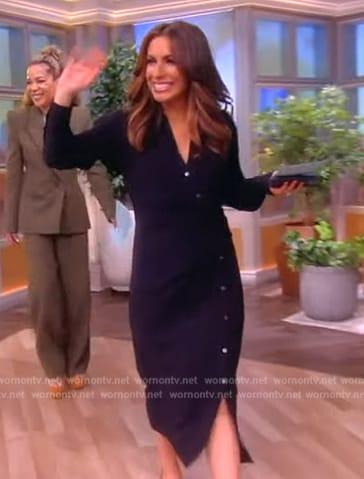 Alyssa’s navy button front wrap midi dress on The View