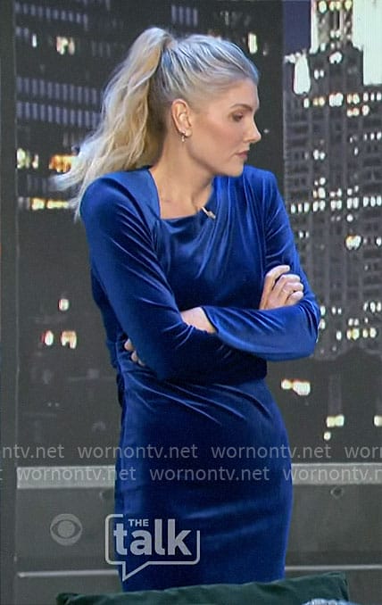 Amanda’s blue velvet asymmetric neckline dress on The Talk