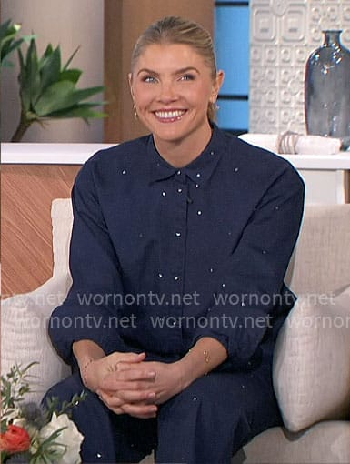 Amanda’s navy blue rhinestone studded shirt and pants set on The Talk