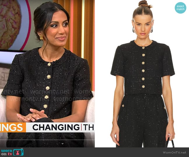 Amanda Uprichard Braswell Top in Watkins Tweed worn by Sabeena Ladha on CBS Mornings