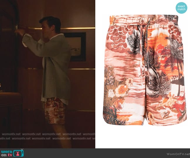 Amiri Patterned silk drawstring shorts worn by Jack Cutmore-Scott (Jack Cutmore-Scott) on Death and Other Details