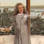 Andie MacDowell’s gray paisley print blazer and skirt on The Drew Barrymore Show