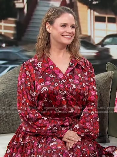 Andrea Barber's pink floral print wrap dress on Access Hollywood