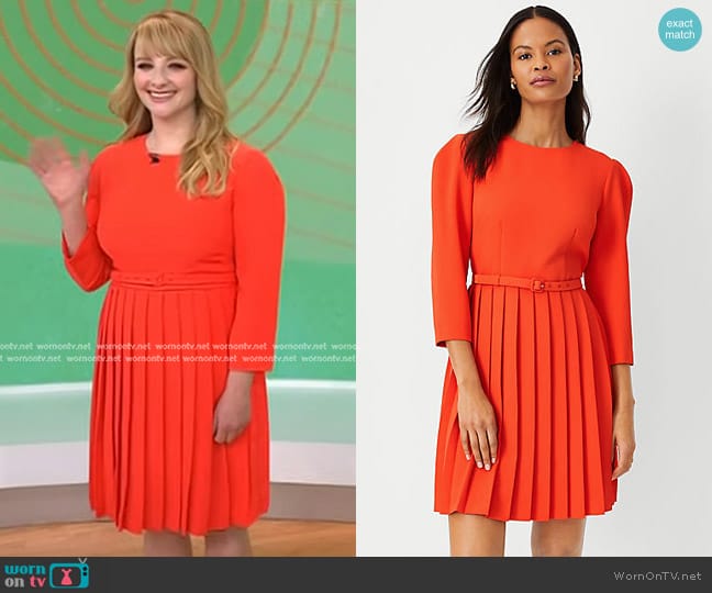 Ann Taylor Pleated Belted Flare Dress in Grenadine Punch worn by Melissa Rauch on Today