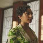 Anna’s green floral print suit on Death and Other Details