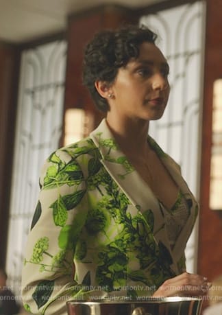 Anna's green floral print suit on Death and Other Details