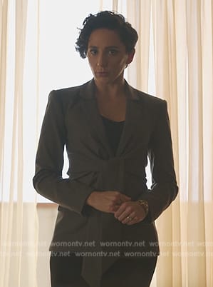 Anna's black striped tie waist blazer on Death and Other Details