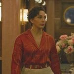 Anna’s red monogram button down blouse on Death and Other Details