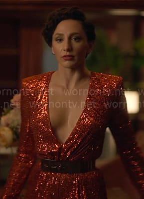 Anna's red sequin jumpsuit on Death and Other Details