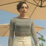 Anna’s striped top and drop earrings on Death and Other Details