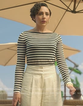 Anna's striped top and drop earrings on Death and Other Details