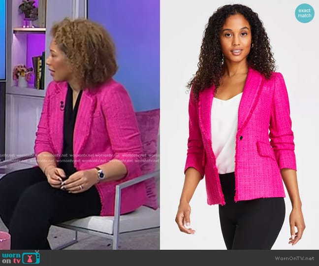 Anne Klein Tweed Ruched-Sleeve Fringe Jacket in Amaranth worn by Dr. Lisa Orbé-Austin on Today