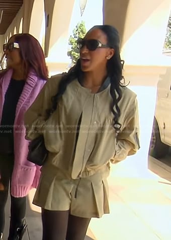 Annemarie's beige bomber jacket and mini skirt on The Real Housewives of Beverly Hills