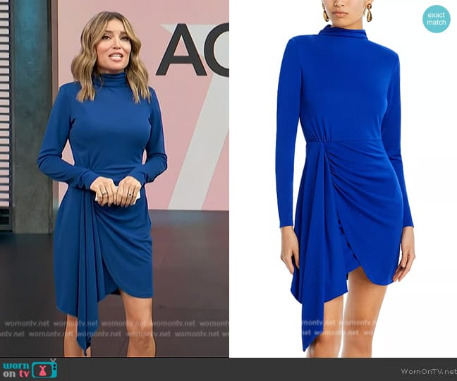 Aqua Long Sleeve Jersey Mock Neck Wrap Skirt Dress worn by Kit Hoover on Access Hollywood