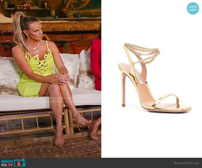 Aquazzura Flash Sandal in Soft Gold worn by Whitney Rose on The Real Housewives of Salt Lake City