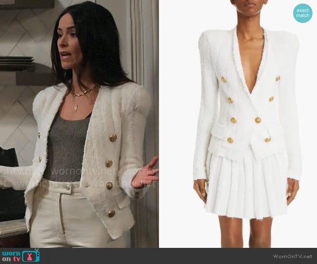 Balmain Collarless Tweed Knit Jacket worn by Julia Mariano (Abigail Spencer) on Extended Family