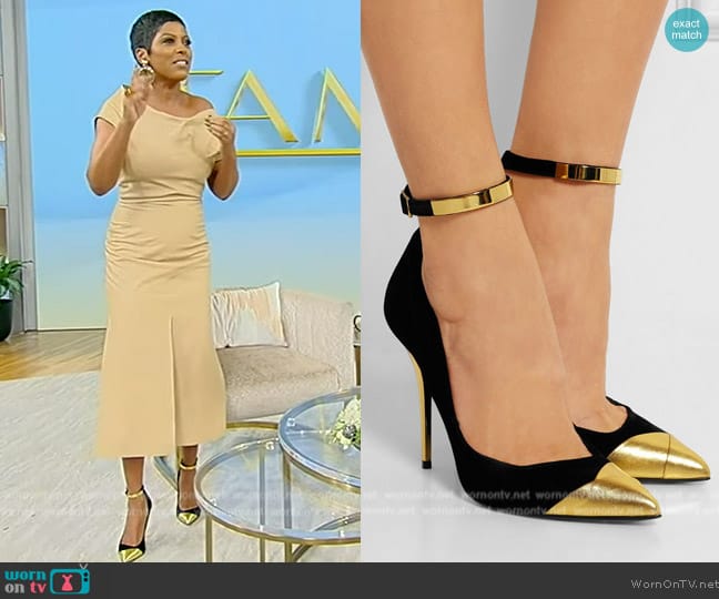 Balmain Black Velvet Gold Tip Pumps worn by Tamron Hall on Tamron Hall Show