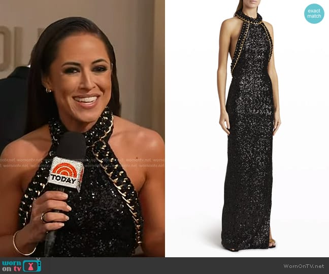 Balmain Sequined Halter-Neck Chain-Trim Column Gown worn by Kaylee Hartung on Today