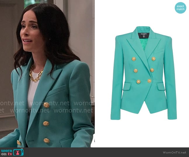 WornOnTV: Julia’s aqua green blazer with gold buttons on Extended ...