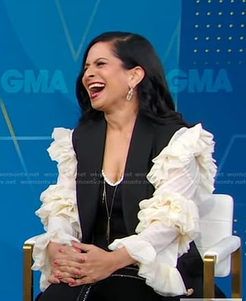 Bela Gandhi's black and white ruffle sleeve blazer on Good Morning America