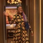 Erika Alexander’s black floral print shirtdress on The Drew Barrymore Show