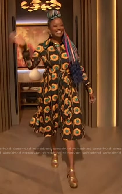 Erika Alexander's black floral print shirtdress on The Drew Barrymore Show