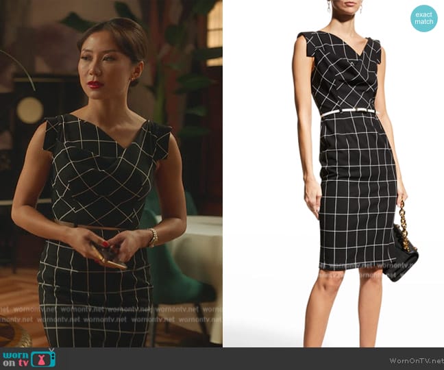 Black Halo Jackie Belted Windowpane Sleeveless Dress worn by Teddy Goh (Angela Zhou) on Death and Other Details