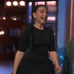 Coral Peña’s black tie shoulder mini dress on The Kelly Clarkson Show