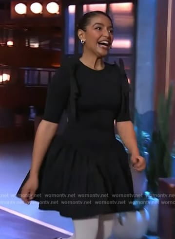 Coral Peña’s black tie shoulder mini dress on The Kelly Clarkson Show