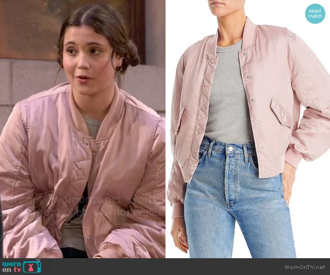 Blank NYC Sateen Short Bomber Jacket worn by Grace Kearney (Sofia Capanna) on Extended Family