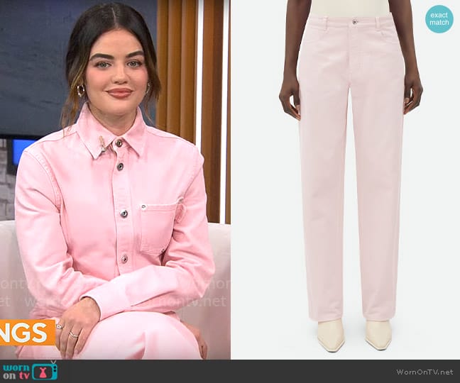 Bottega Veneta Pink Wash Wide Leg Denim in Camelia worn by Lucy Hale on CBS Mornings