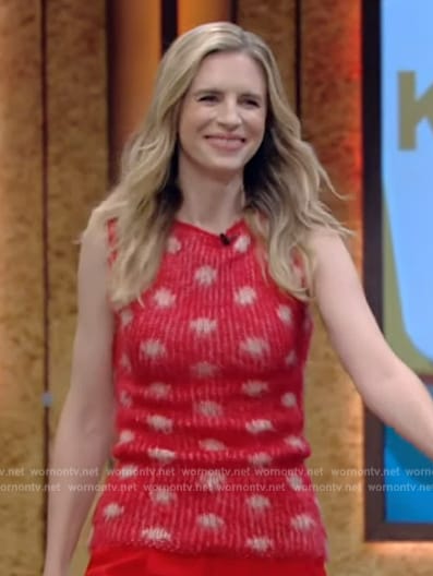 Brit Marling's red polka dot knit top and pants on Live with Kelly and Mark