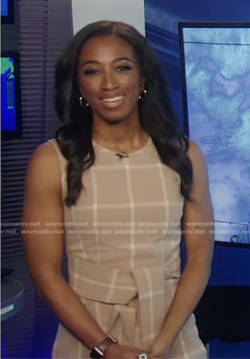 Brittany’s beige windowpane sleeveless dress on Good Morning America