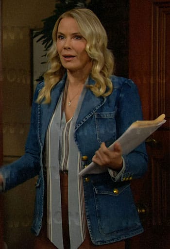 Brooke's blue striped blouse and denim jacket on The Bold and the Beautiful