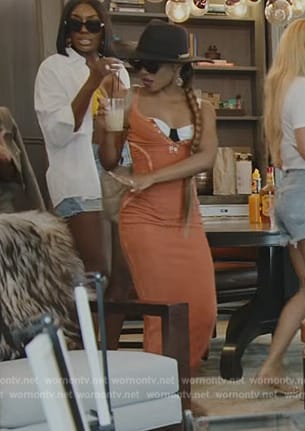 Candiace's orange corduroy henley dress on The Real Housewives of Potomac