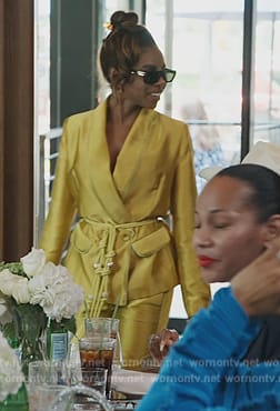 Candiace's yellow satin tassel tie blazer on The Real Housewives of Potomac